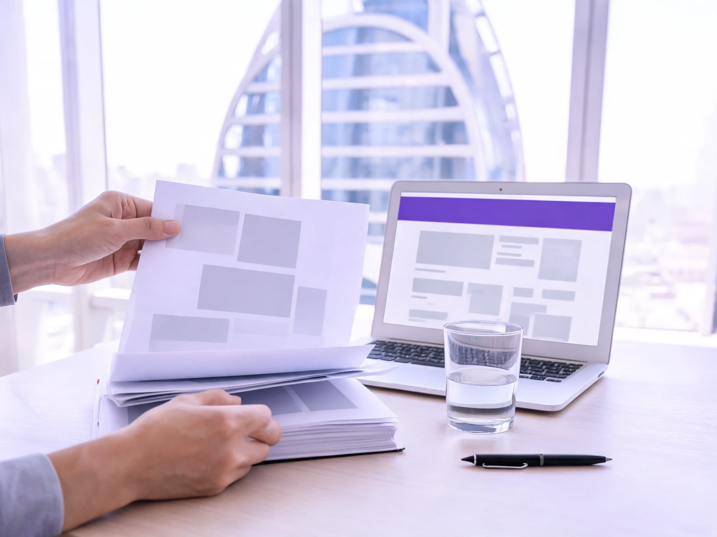 Hands turning the pages of a printed proposal beside a laptop, a pen and a glass of water, in a DIFC meeting room