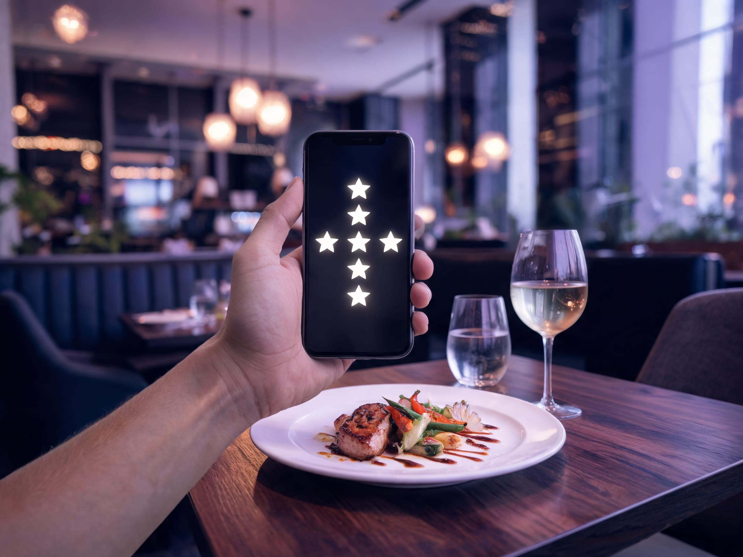 A hand holding up a phone that shows five stars, over a dinner plate at a restaurant in Dubai