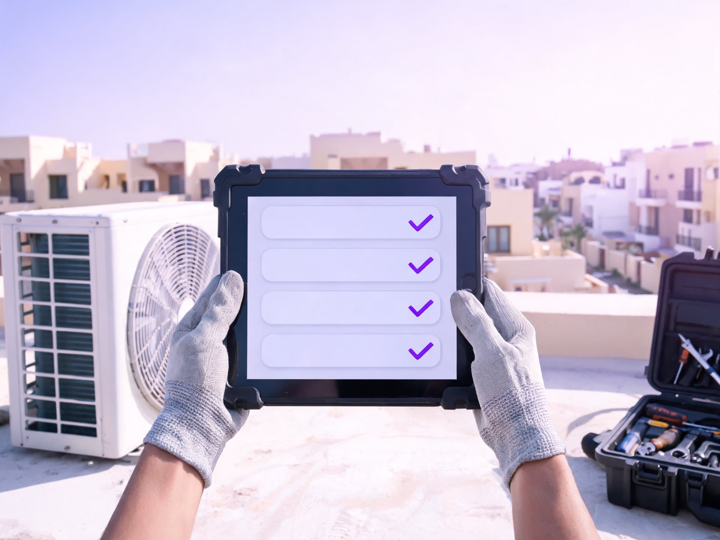 A technician’s gloved hands holding a tablet checklist beside an AC unit on a Dubai villa rooftop, a toolbox nearby